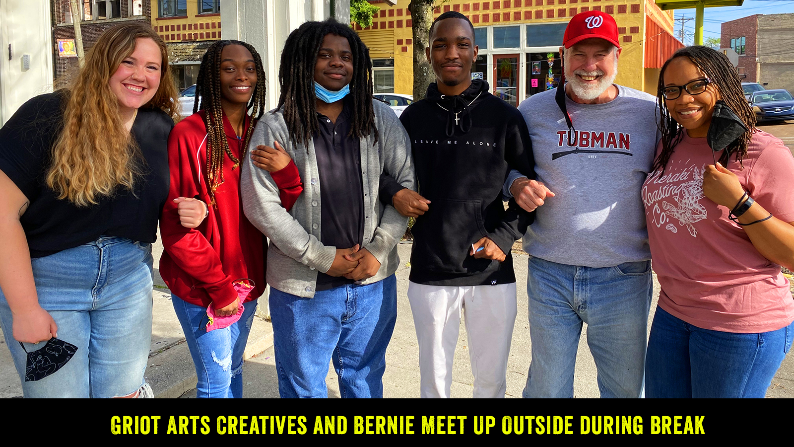 Griot Arts Creatives and Bernie Meet Up Outside during break
